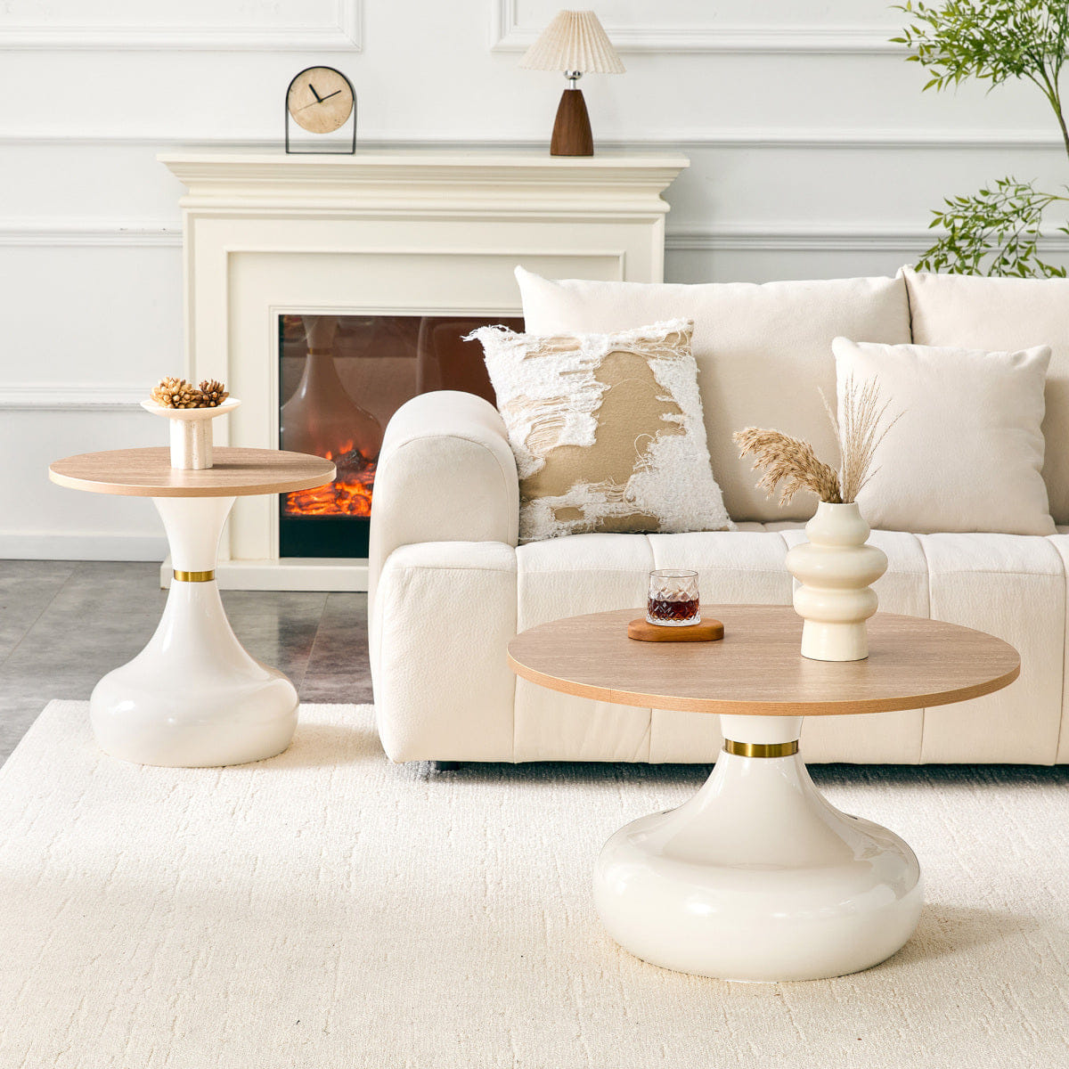LUXURY Streamdale Affordable Luxury Gourd Nesting Coffee Table Set, Light Wood & White Metal