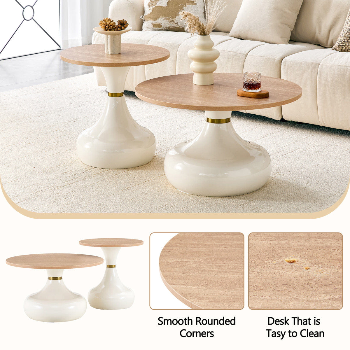 LUXURY Streamdale Affordable Luxury Gourd Nesting Coffee Table Set, Light Wood & White Metal