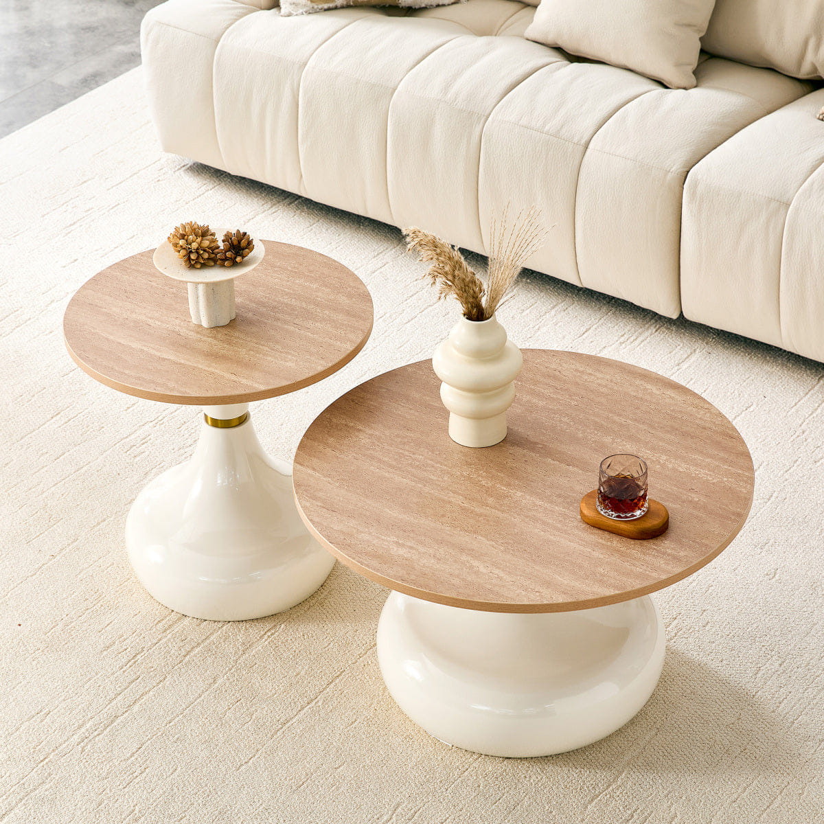LUXURY Streamdale Affordable Luxury Gourd Nesting Coffee Table Set, Light Wood & White Metal
