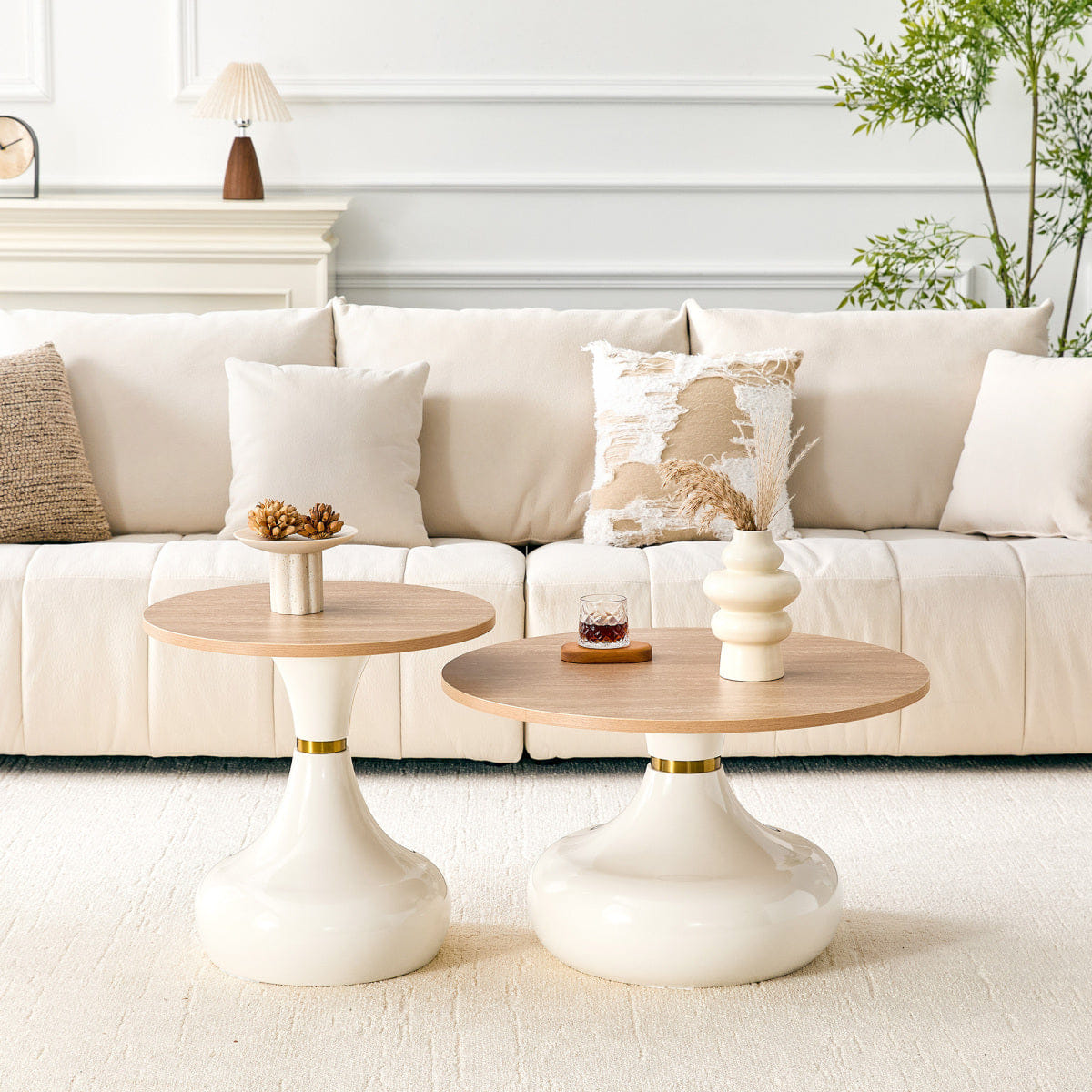LUXURY Streamdale Affordable Luxury Gourd Nesting Coffee Table Set, Light Wood & White Metal
