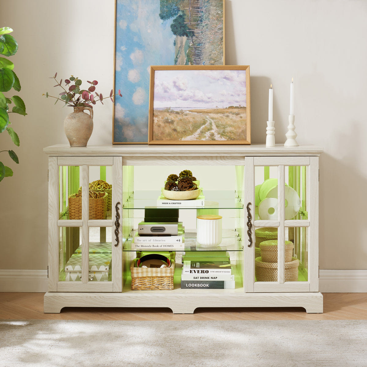 WHITE* Streamdale White 2 - Door Glass Cabinet with RGB Lights & Adjustable Shelves