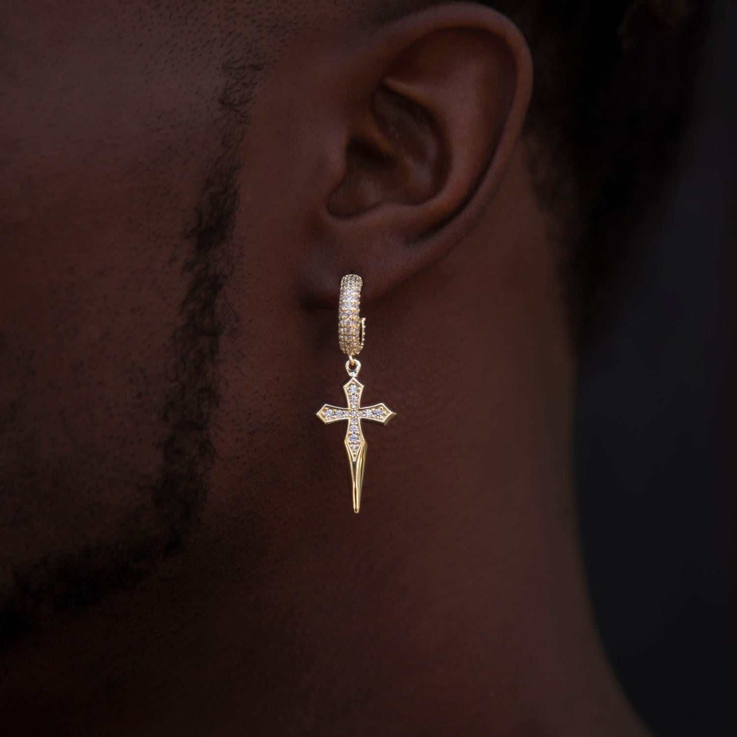 GLD Men Dripping Cross Extra Small Huggie Hoop Earrings in Yellow Gold