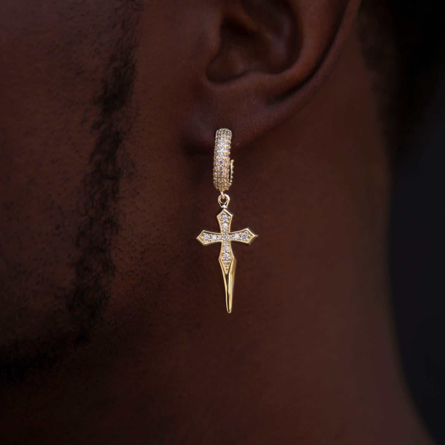 GLD Men Dripping Cross Extra Small Huggie Hoop Earrings in Yellow Gold