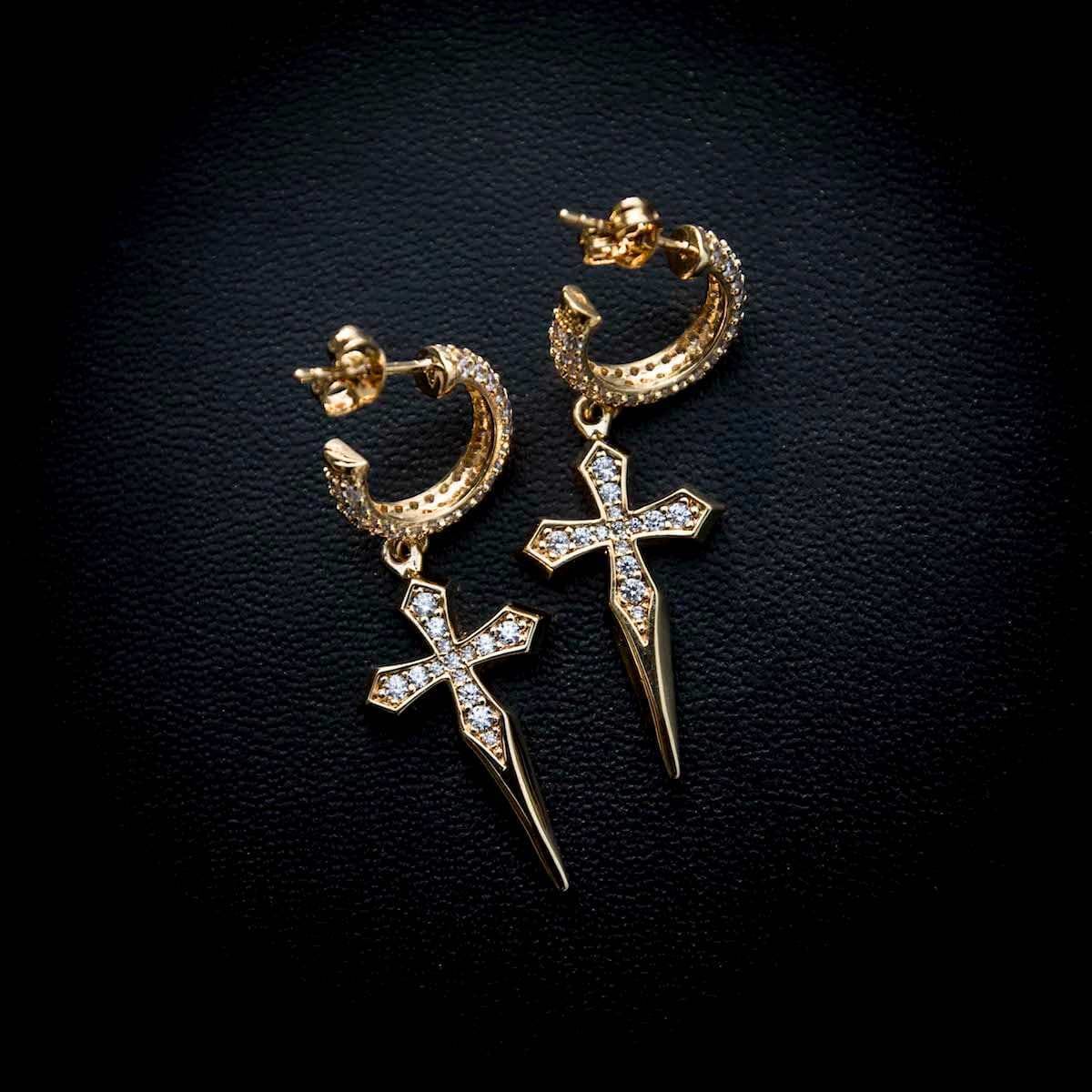 GLD Men Dripping Cross Extra Small Huggie Hoop Earrings in Yellow Gold