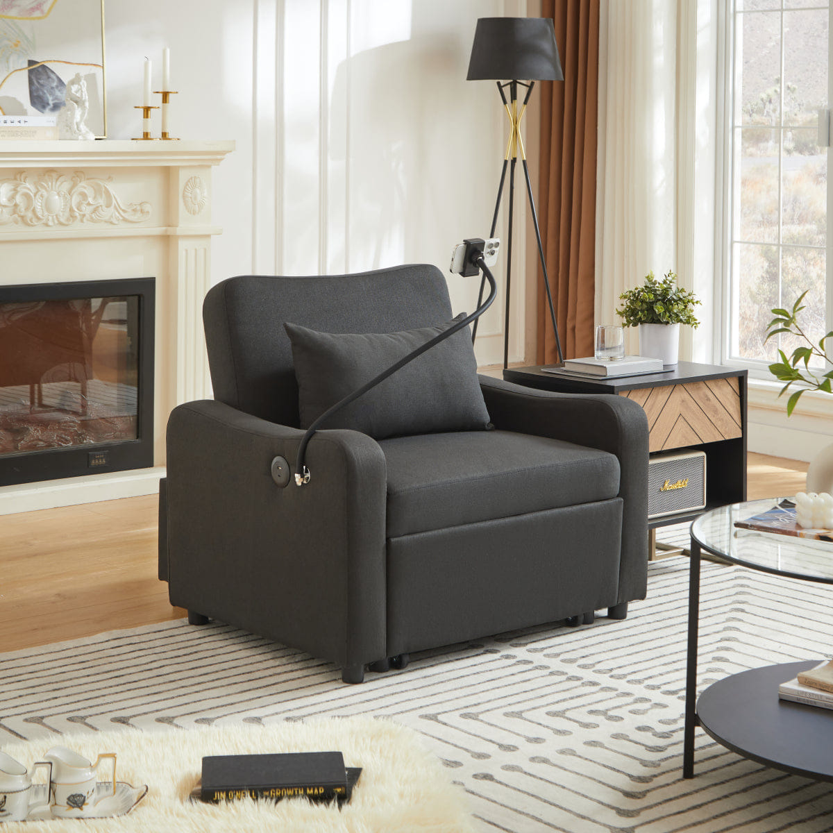 Sleeper Streamdale 3 - in - 1 Convertible Sleeper Sofa Chair Bed with USB & Adjustable Backrest, Black