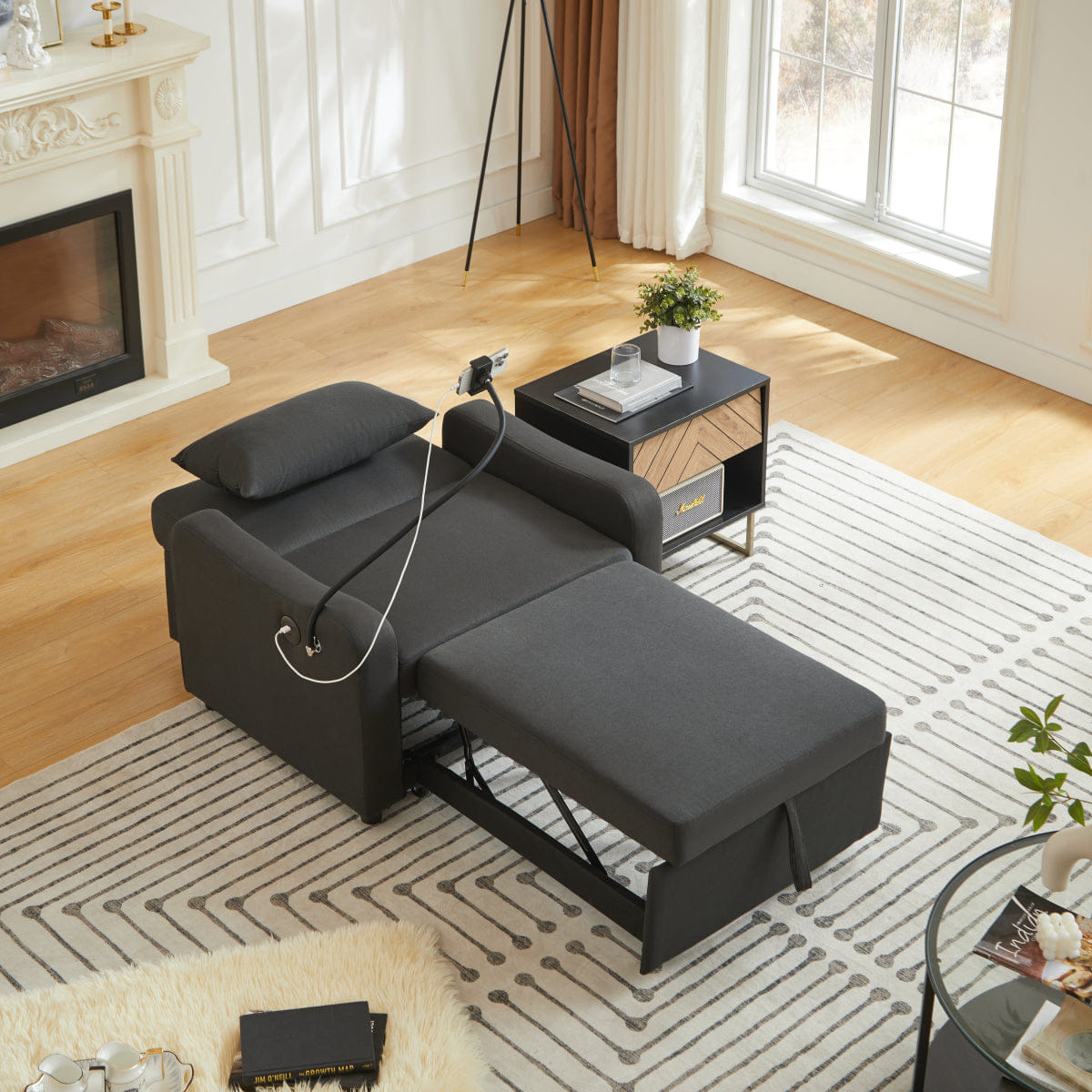 Sleeper Streamdale 3 - in - 1 Convertible Sleeper Sofa Chair Bed with USB & Adjustable Backrest, Black