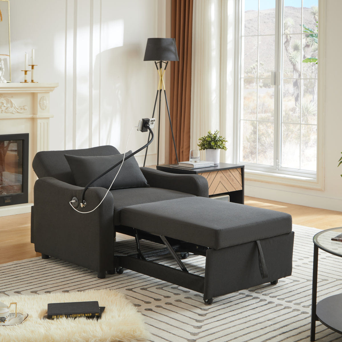 Sleeper Streamdale 3 - in - 1 Convertible Sleeper Sofa Chair Bed with USB & Adjustable Backrest, Black