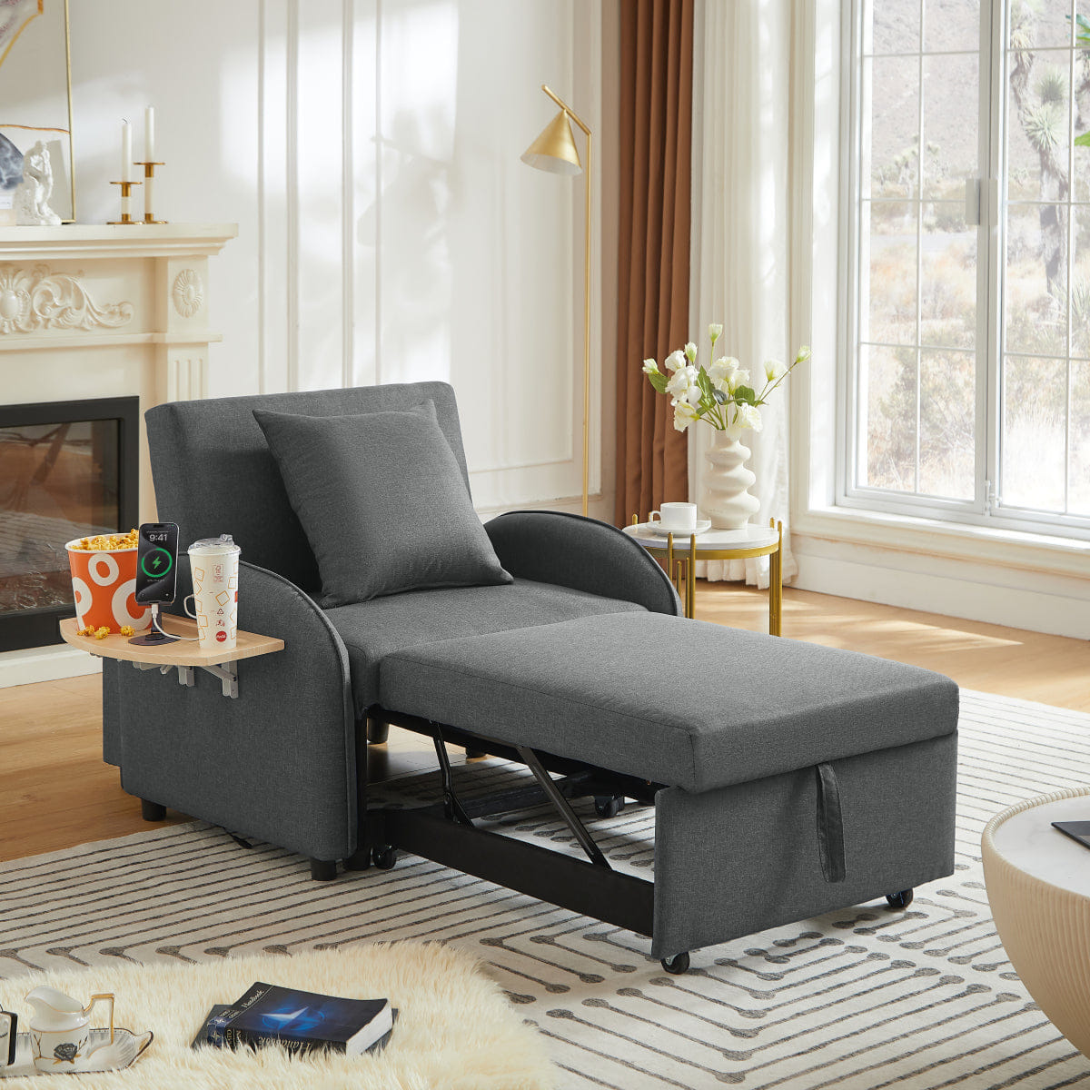 Sleeper Streamdale 3 - in - 1 Convertible Sleeper Sofa Chair with USB & Table, Dark Gray