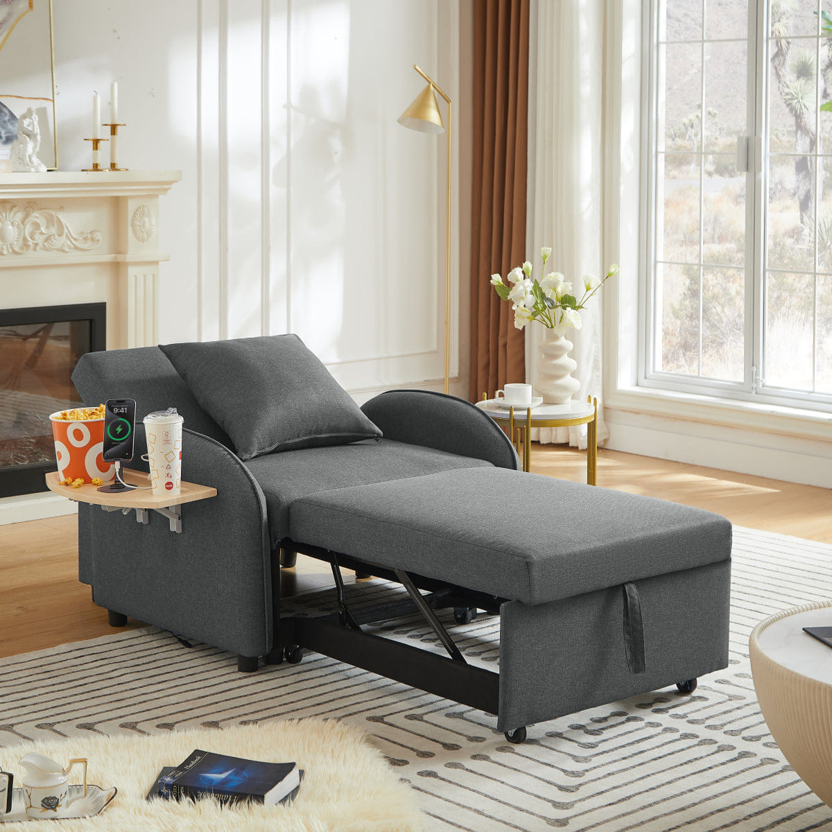 Sleeper Streamdale 3 - in - 1 Convertible Sleeper Sofa Chair with USB & Table, Dark Gray