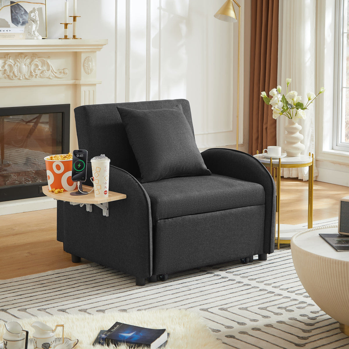 Sleeper Streamdale 3 - in - 1 Convertible Sleeper Sofa Chair with USB & Table, Black