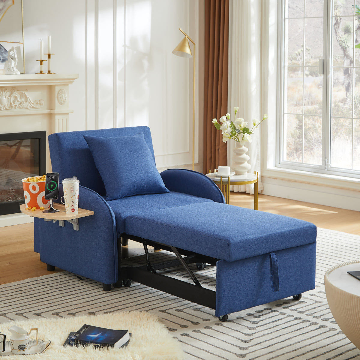 Sleeper Streamdale 3 - in - 1 Convertible Sleeper Sofa Chair with USB & Foldable Table, Dark Blue