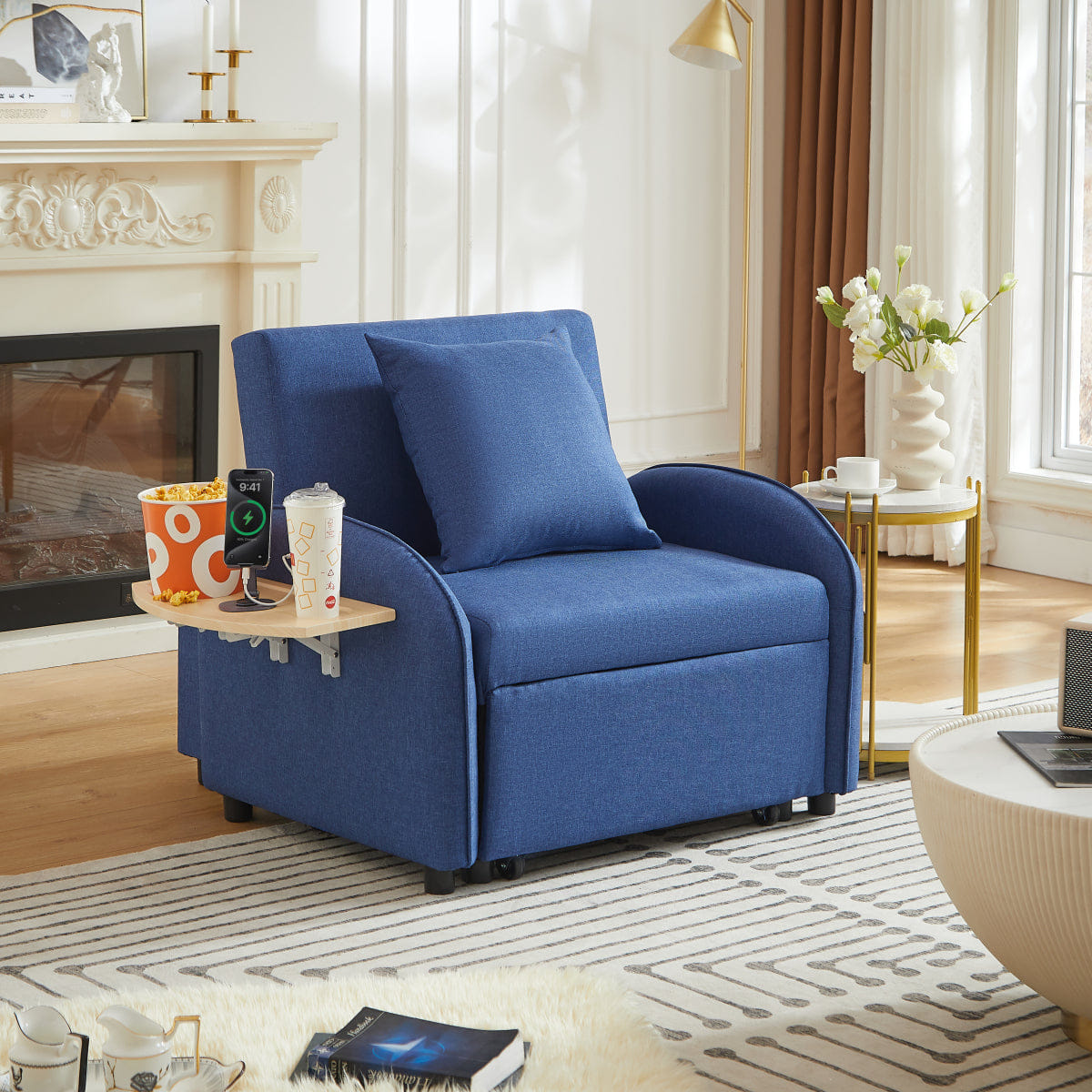 Sleeper Streamdale 3 - in - 1 Convertible Sleeper Sofa Chair with USB & Foldable Table, Dark Blue