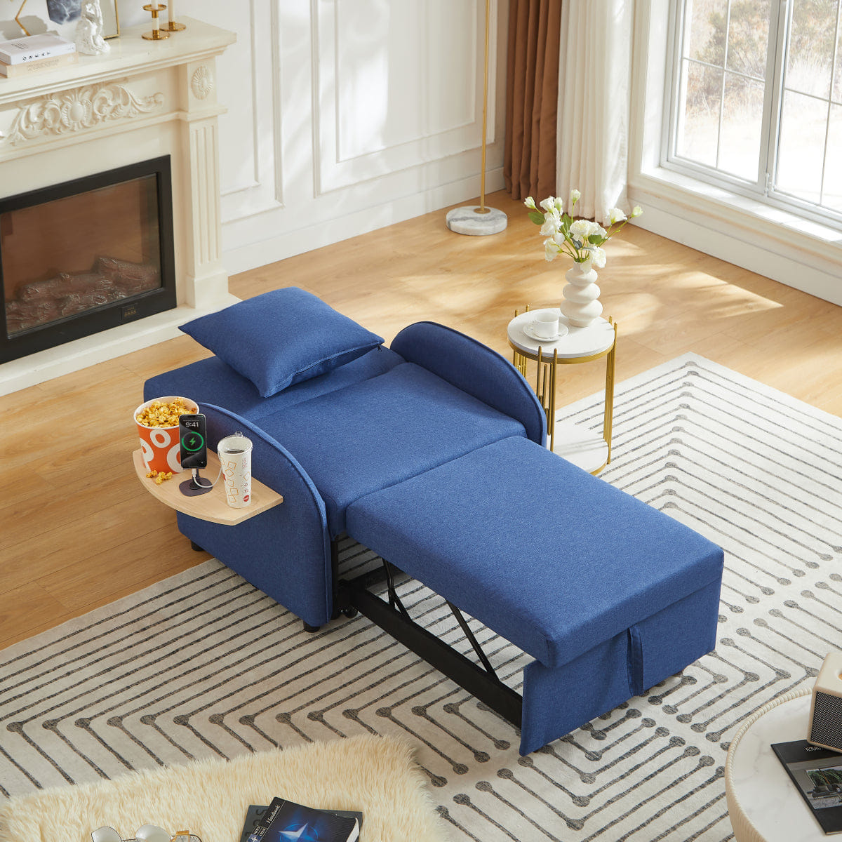 Sleeper Streamdale 3 - in - 1 Convertible Sleeper Sofa Chair with USB & Foldable Table, Dark Blue