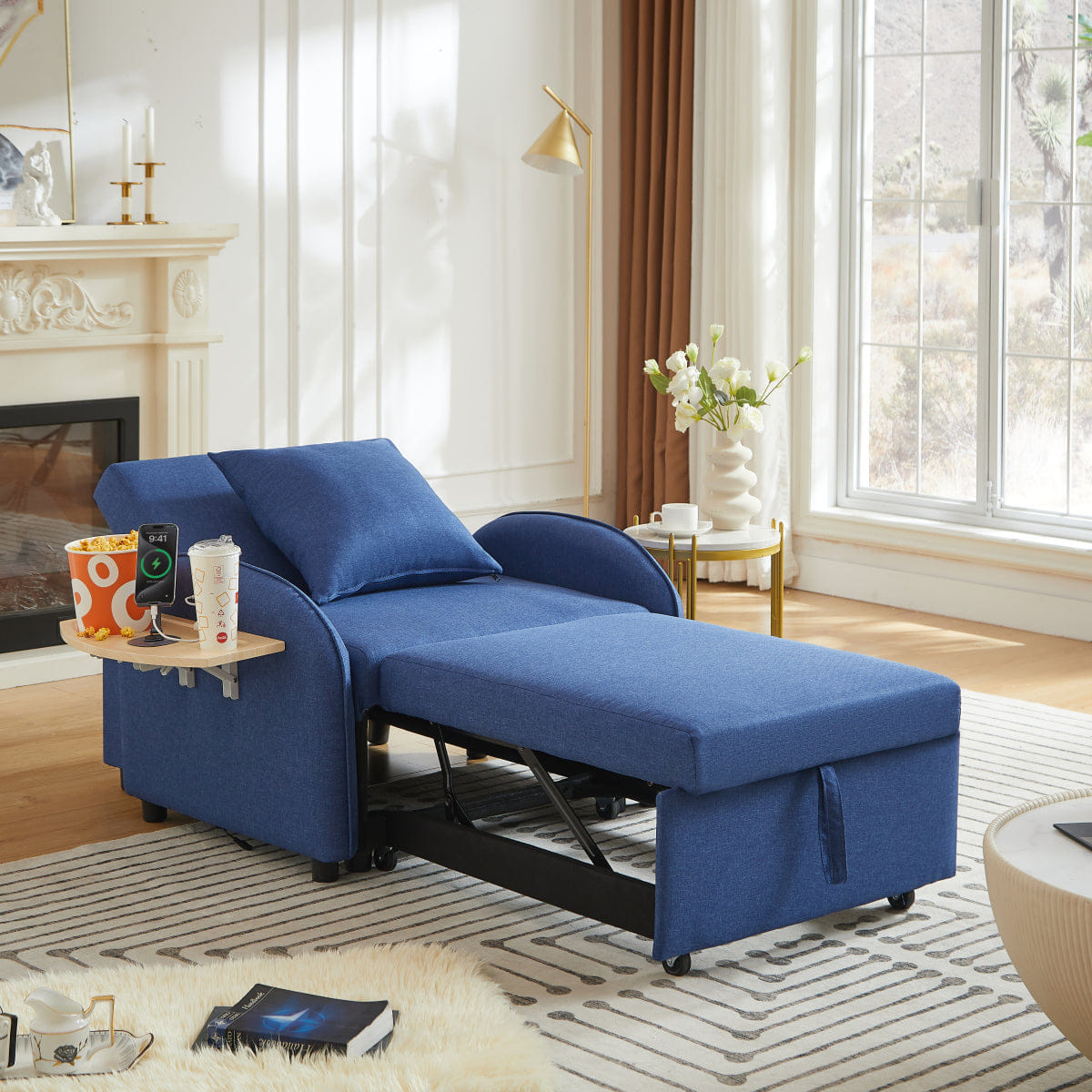 Sleeper Streamdale 3 - in - 1 Convertible Sleeper Sofa Chair with USB & Foldable Table, Dark Blue