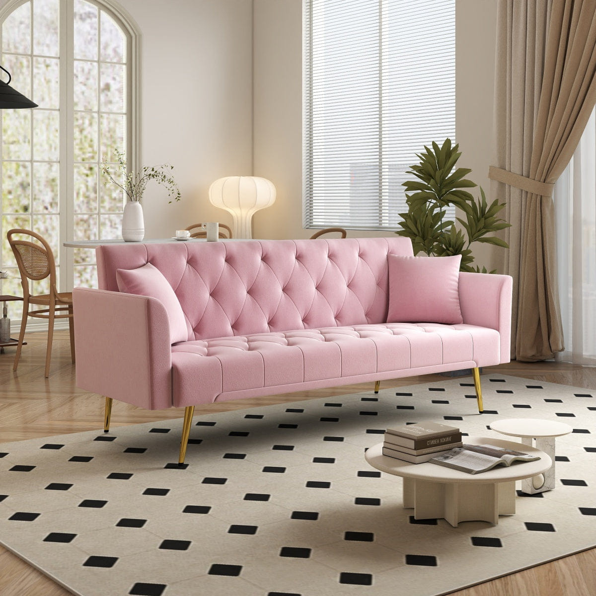 Sleeper Streamdale Pink Velvet 72" Convertible Foldable Sleeper Sofa Retro Tufted