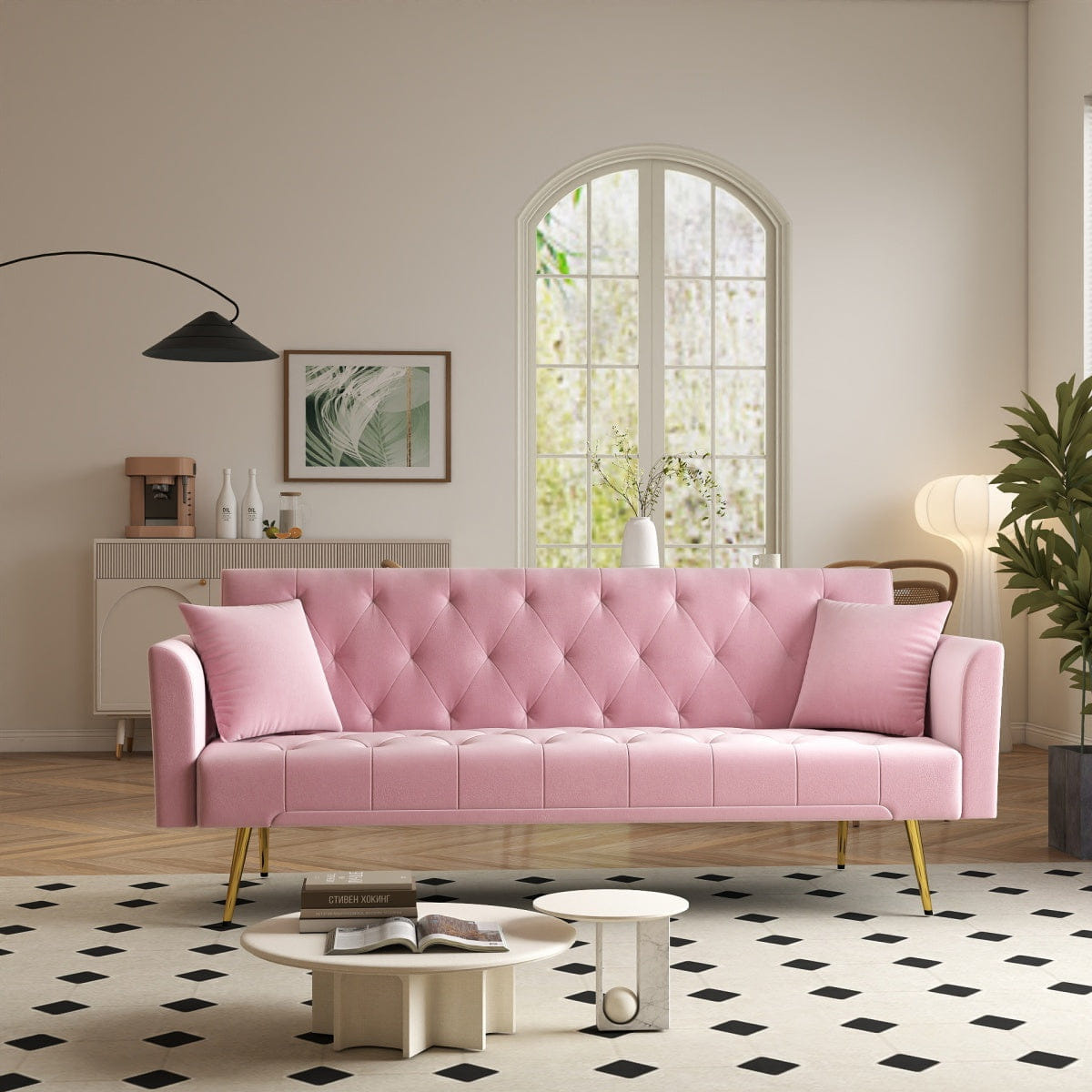 Sleeper Streamdale Pink Velvet 72" Convertible Foldable Sleeper Sofa Retro Tufted