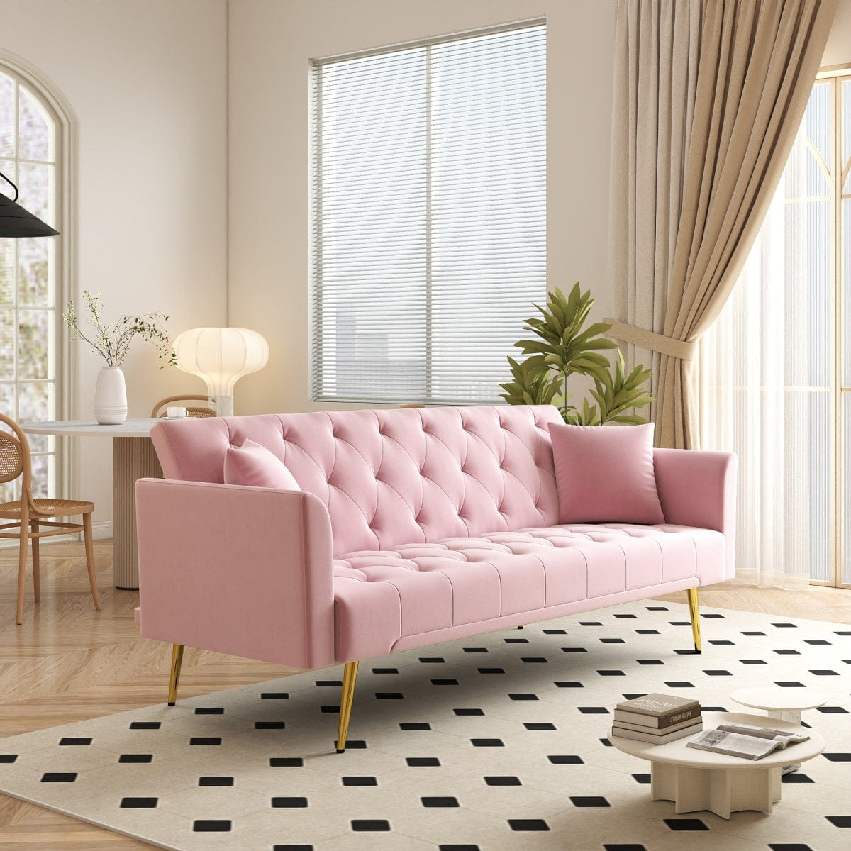 Sleeper Streamdale Pink Velvet 72" Convertible Foldable Sleeper Sofa Retro Tufted