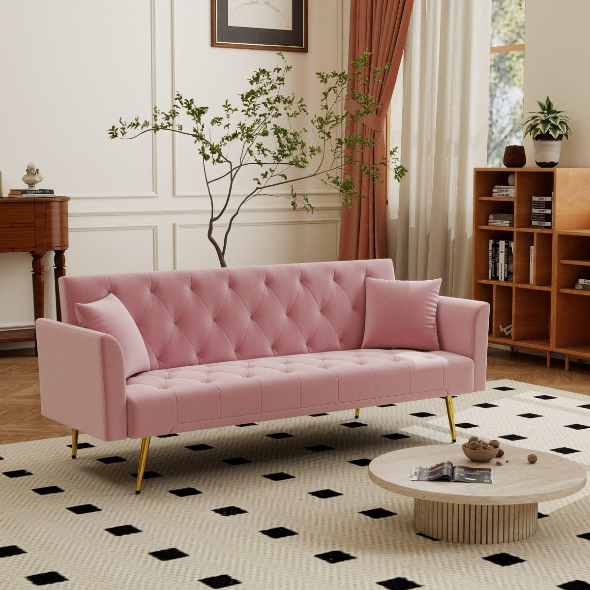 Sleeper Streamdale Pink Velvet 72" Convertible Foldable Sleeper Sofa Retro Tufted