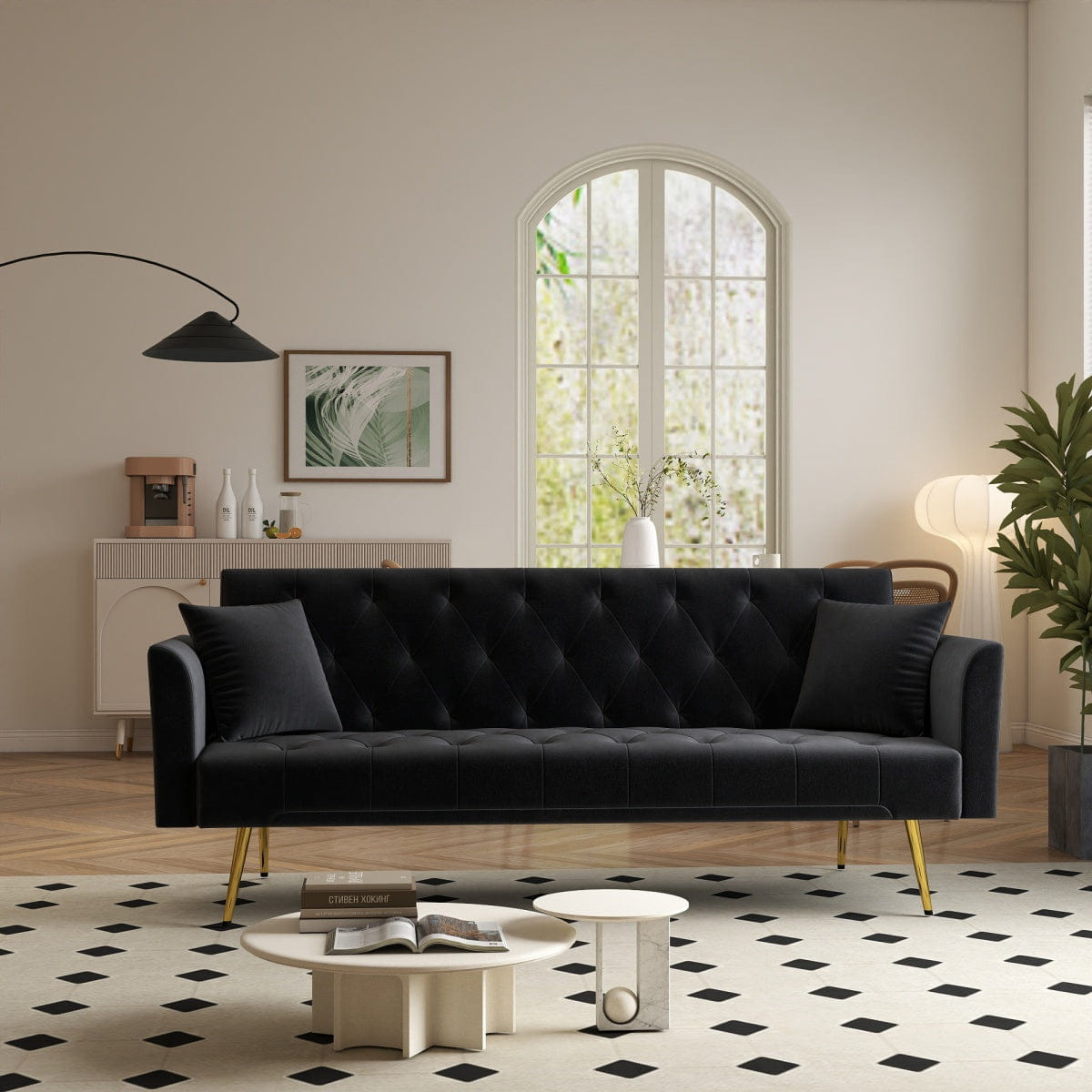 Sleeper Streamdale 72" Tufted Black Velvet Convertible Sleeper Sofa - Retro Style