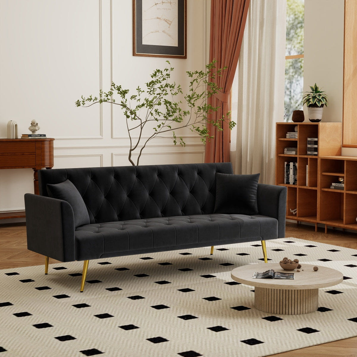 Sleeper Streamdale 72" Tufted Black Velvet Convertible Sleeper Sofa - Retro Style