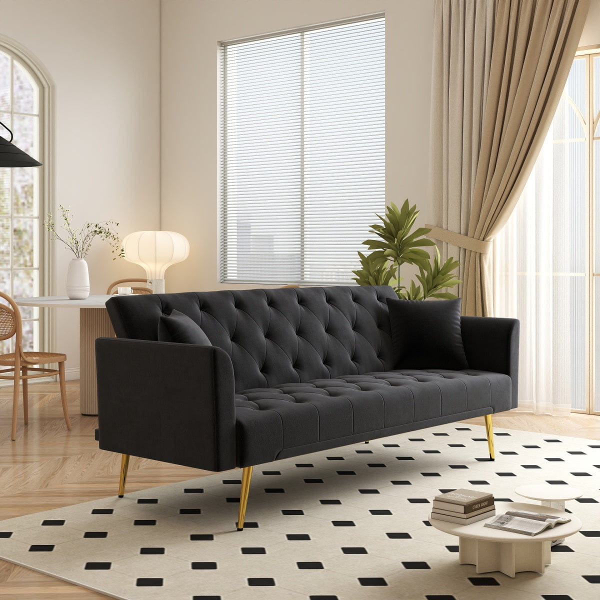 Sleeper Streamdale 72" Tufted Black Velvet Convertible Sleeper Sofa - Retro Style