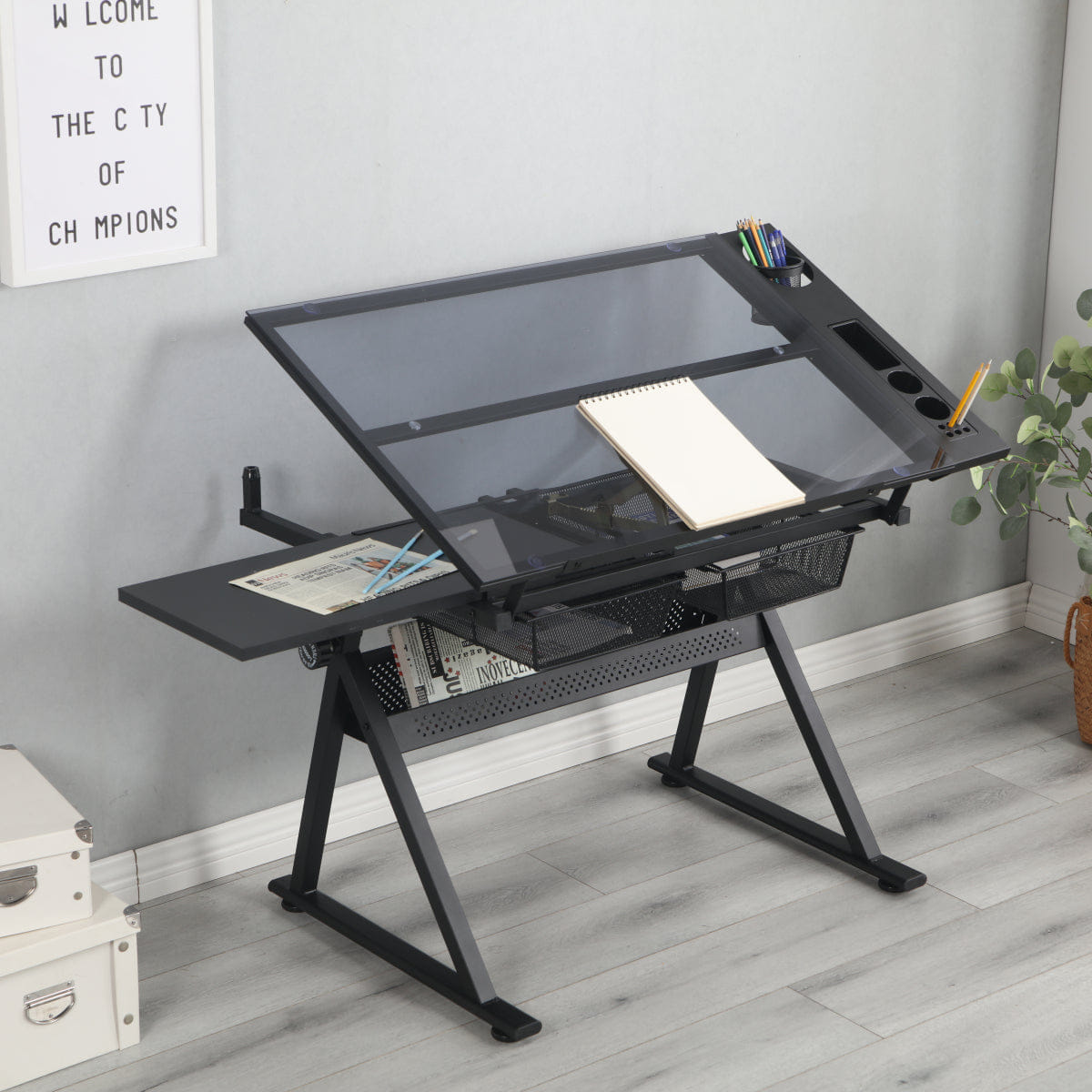 CRAFT Streamdale Adjustable Glass Top Drafting Table and Craft Desk, Black
