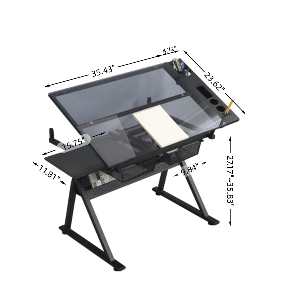CRAFT Streamdale Adjustable Glass Top Drafting Table and Craft Desk, Black
