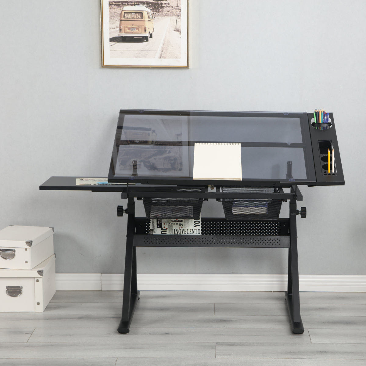 CRAFT Streamdale Adjustable Glass Top Drafting Table and Craft Desk, Black