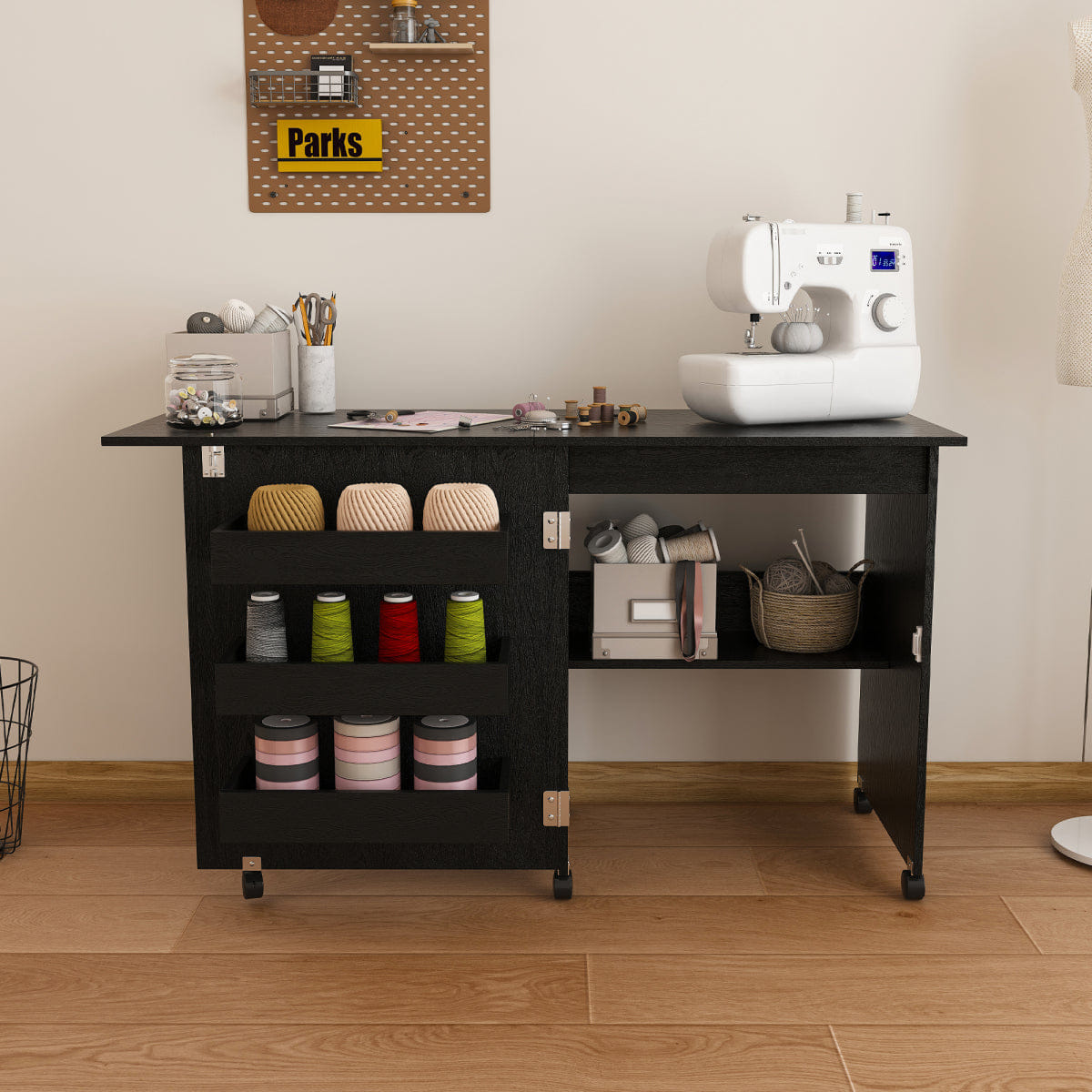 CRAFT Streamdale Black 45.67" 4 - in - 1 Folding Sewing Table & Craft Station with Wheels