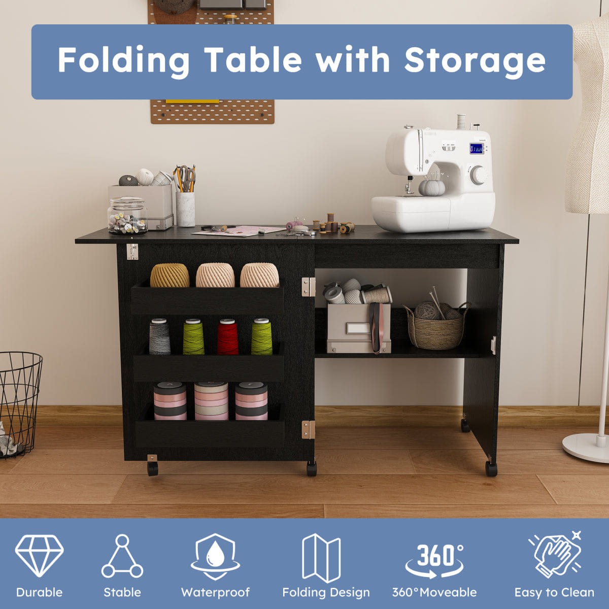 CRAFT Streamdale Black 45.67" 4 - in - 1 Folding Sewing Table & Craft Station with Wheels