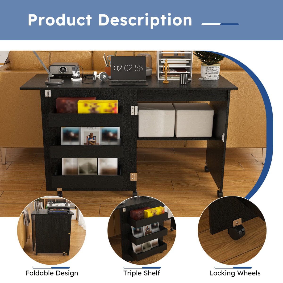 CRAFT Streamdale Black 45.67" 4 - in - 1 Folding Sewing Table & Craft Station with Wheels