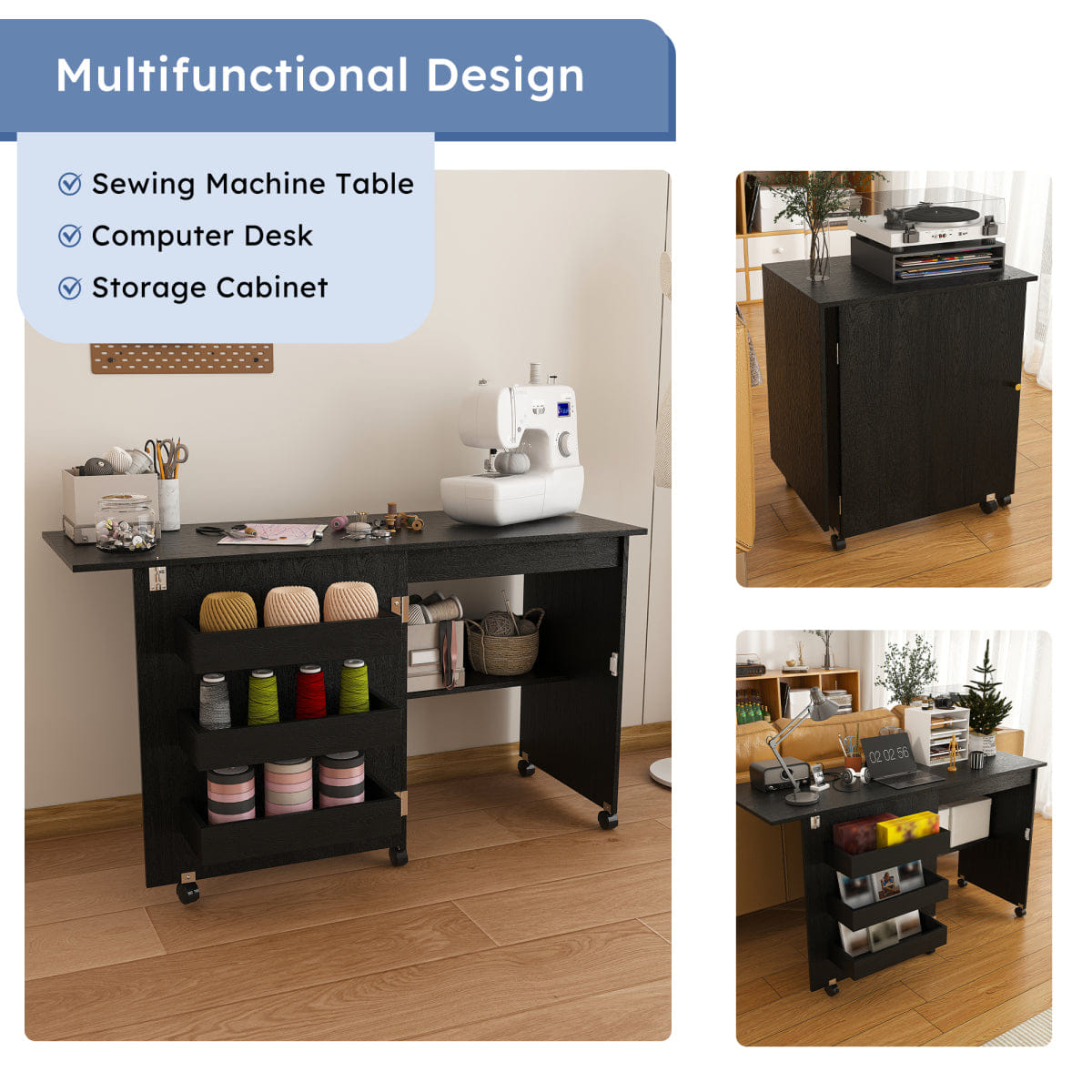 CRAFT Streamdale Black 45.67" 4 - in - 1 Folding Sewing Table & Craft Station with Wheels