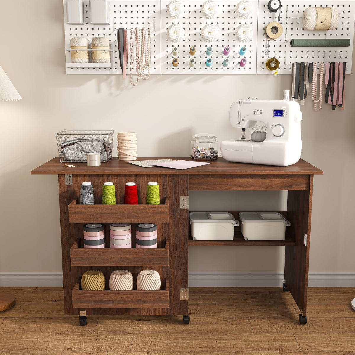 CRAFT Streamdale Walnut 4 - in - 1 Folding Sewing Table & Craft Station with Wheels