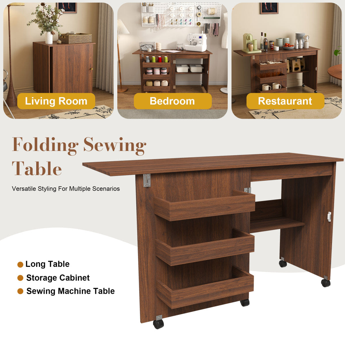 CRAFT Streamdale Walnut 4 - in - 1 Folding Sewing Table & Craft Station with Wheels