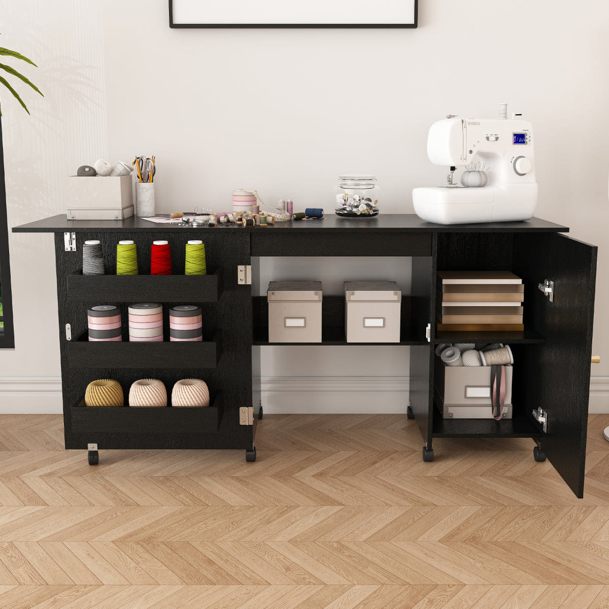 CRAFT Streamdale Foldable Sewing Machine Table & Craft Station with Storage (Black)