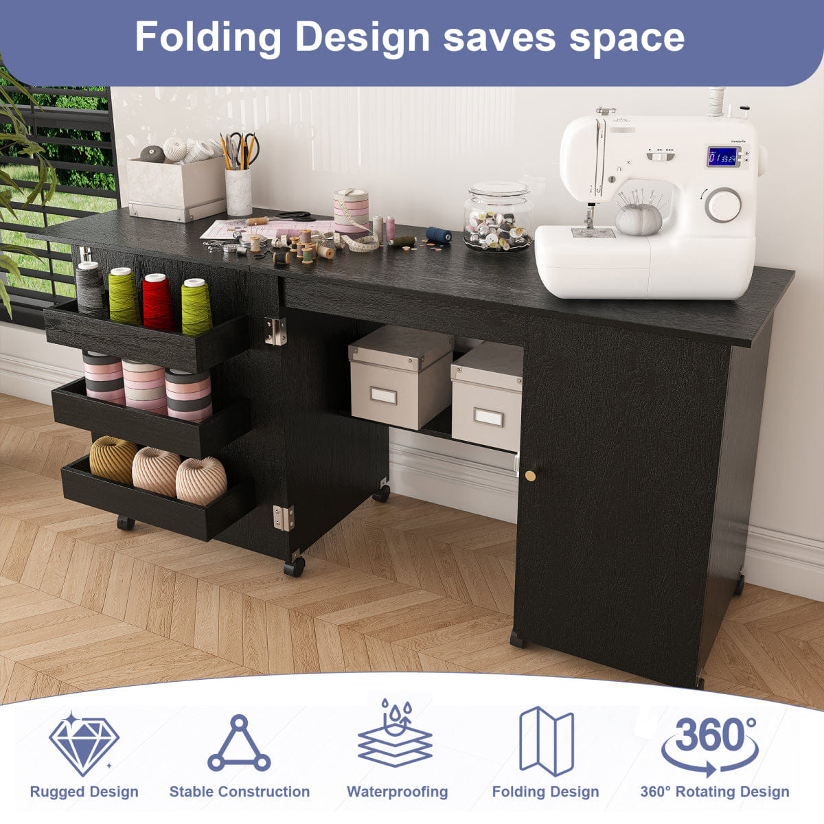 CRAFT Streamdale Foldable Sewing Machine Table & Craft Station with Storage (Black)