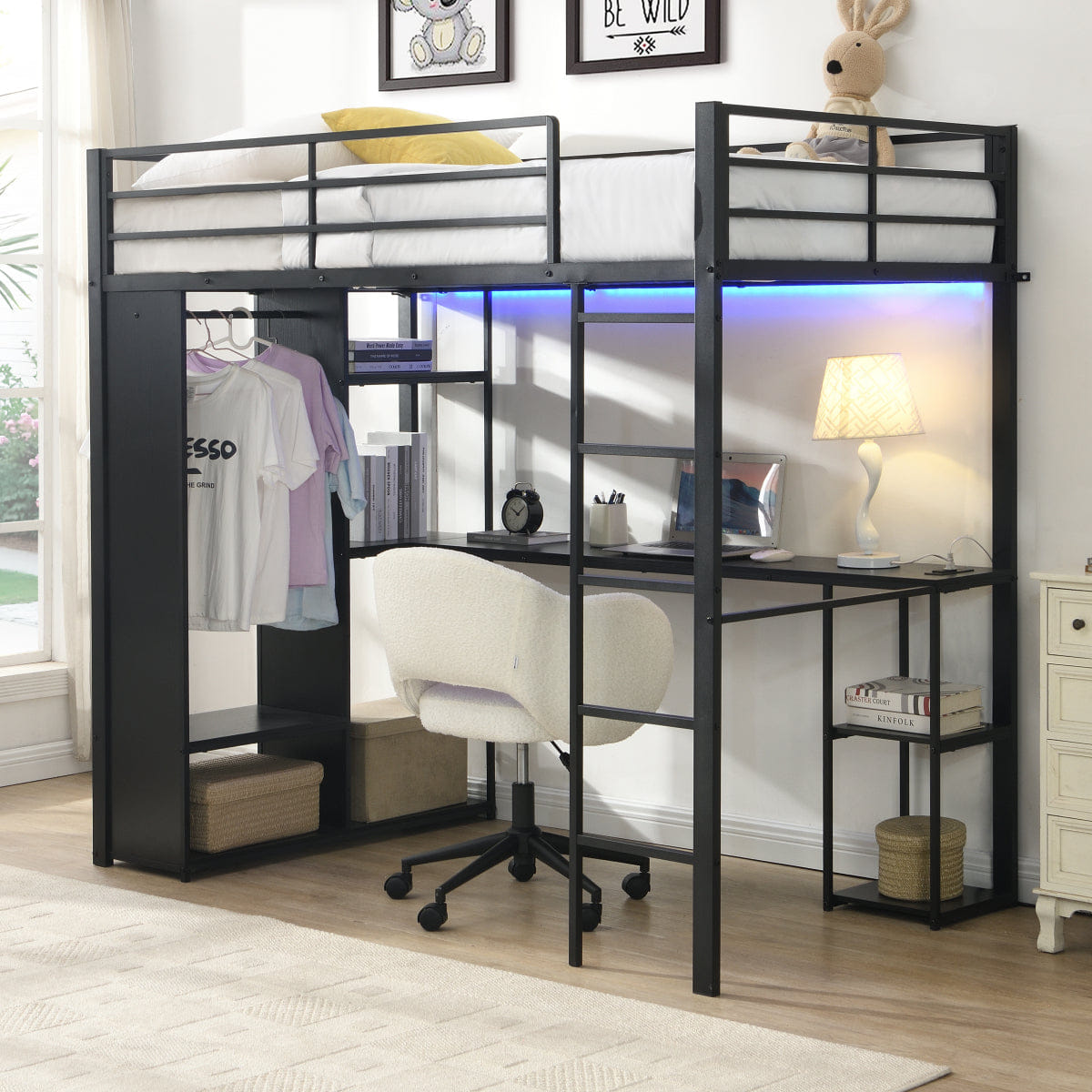 Loft Streamdale Twin Metal Loft Bed with Desk & Open Storage Cabinet