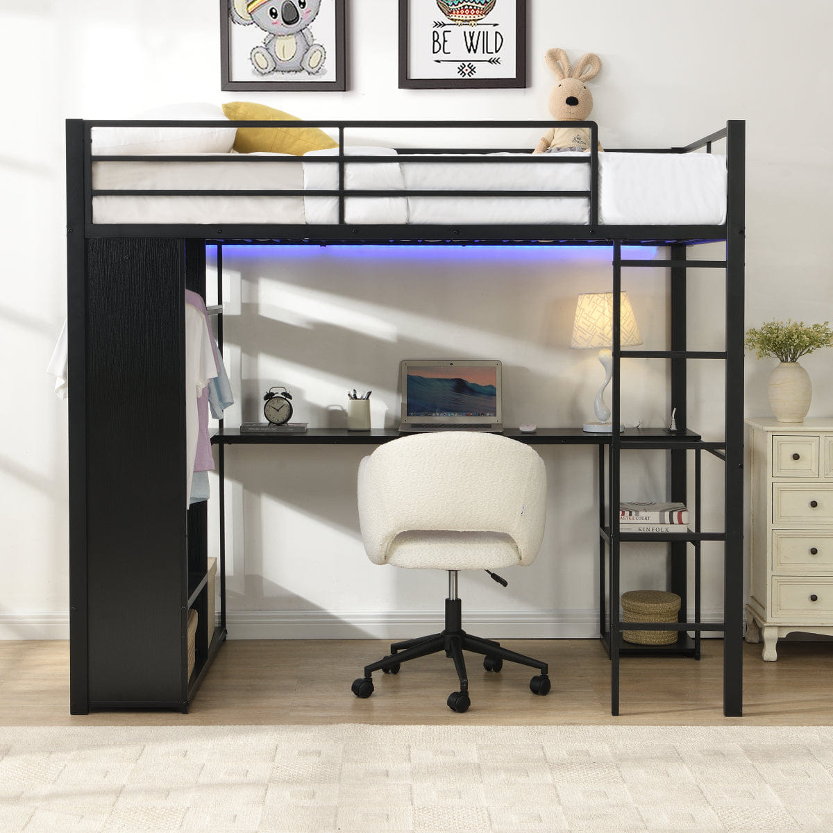 Loft Streamdale Twin Metal Loft Bed with Desk & Open Storage Cabinet
