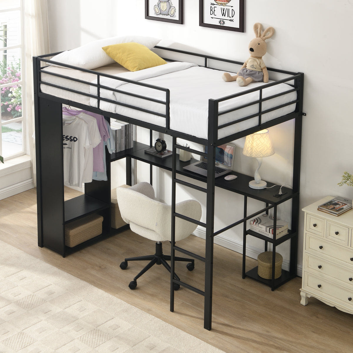 Loft Streamdale Twin Metal Loft Bed with Desk & Open Storage Cabinet