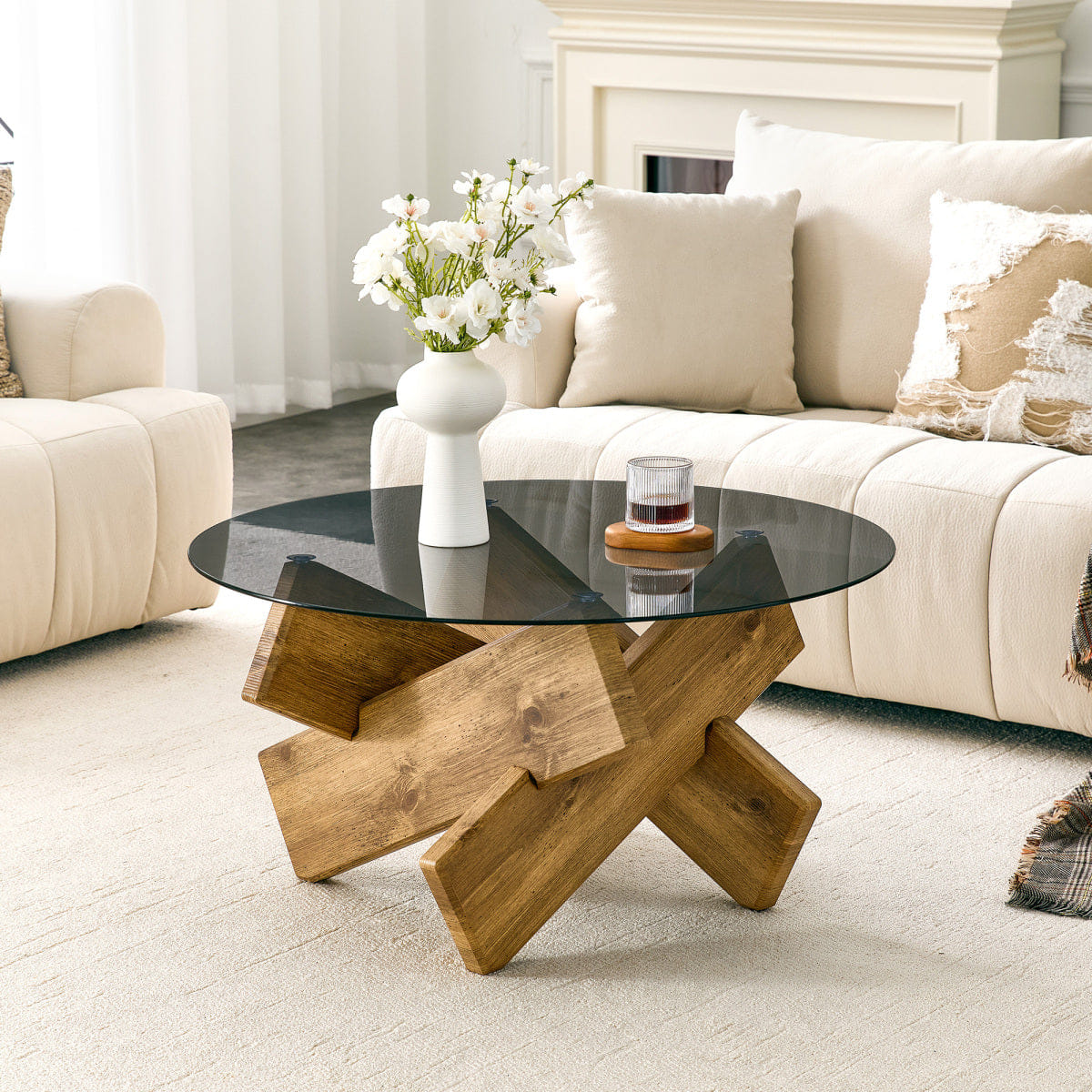 CROSS Streamdale Artistic Cross - Style Round Glass & Wood Coffee Table (33.4")