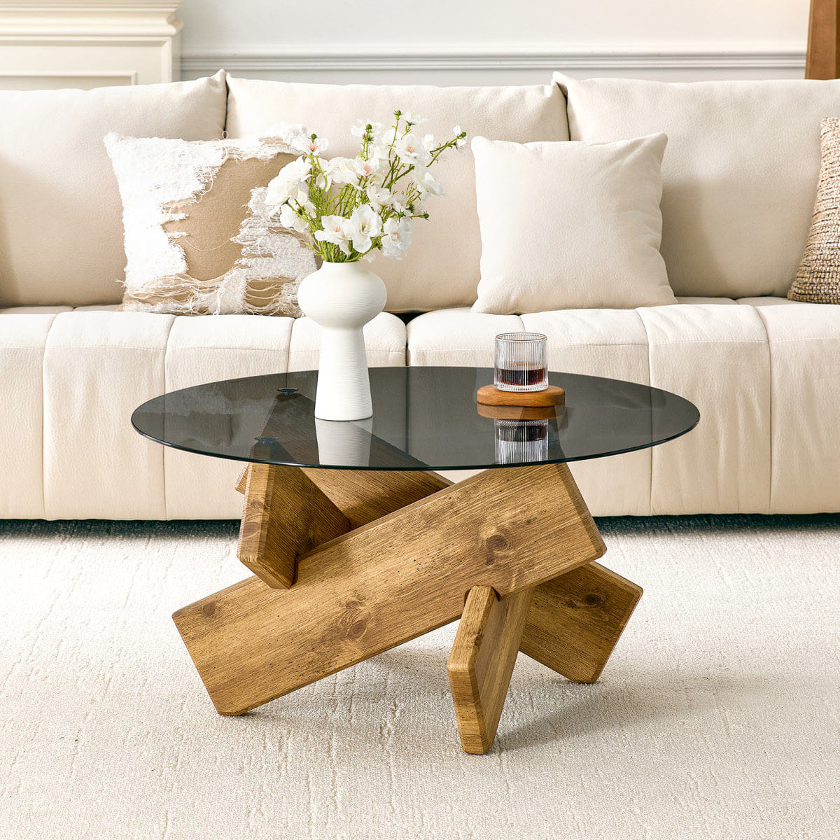 CROSS Streamdale Artistic Cross - Style Round Glass & Wood Coffee Table (33.4")