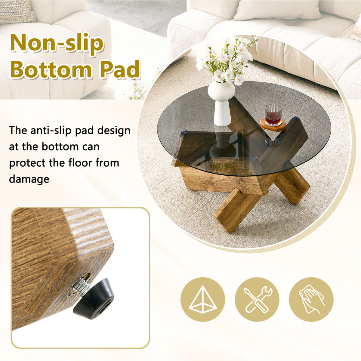 CROSS Streamdale Artistic Cross - Style Round Glass & Wood Coffee Table (33.4")