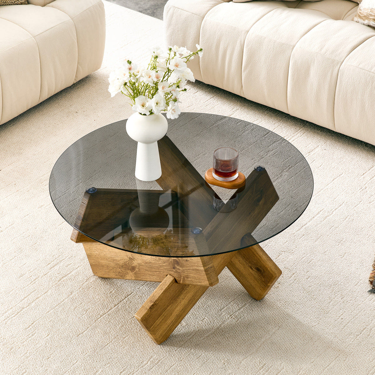 CROSS Streamdale Artistic Cross - Style Round Glass & Wood Coffee Table (33.4")