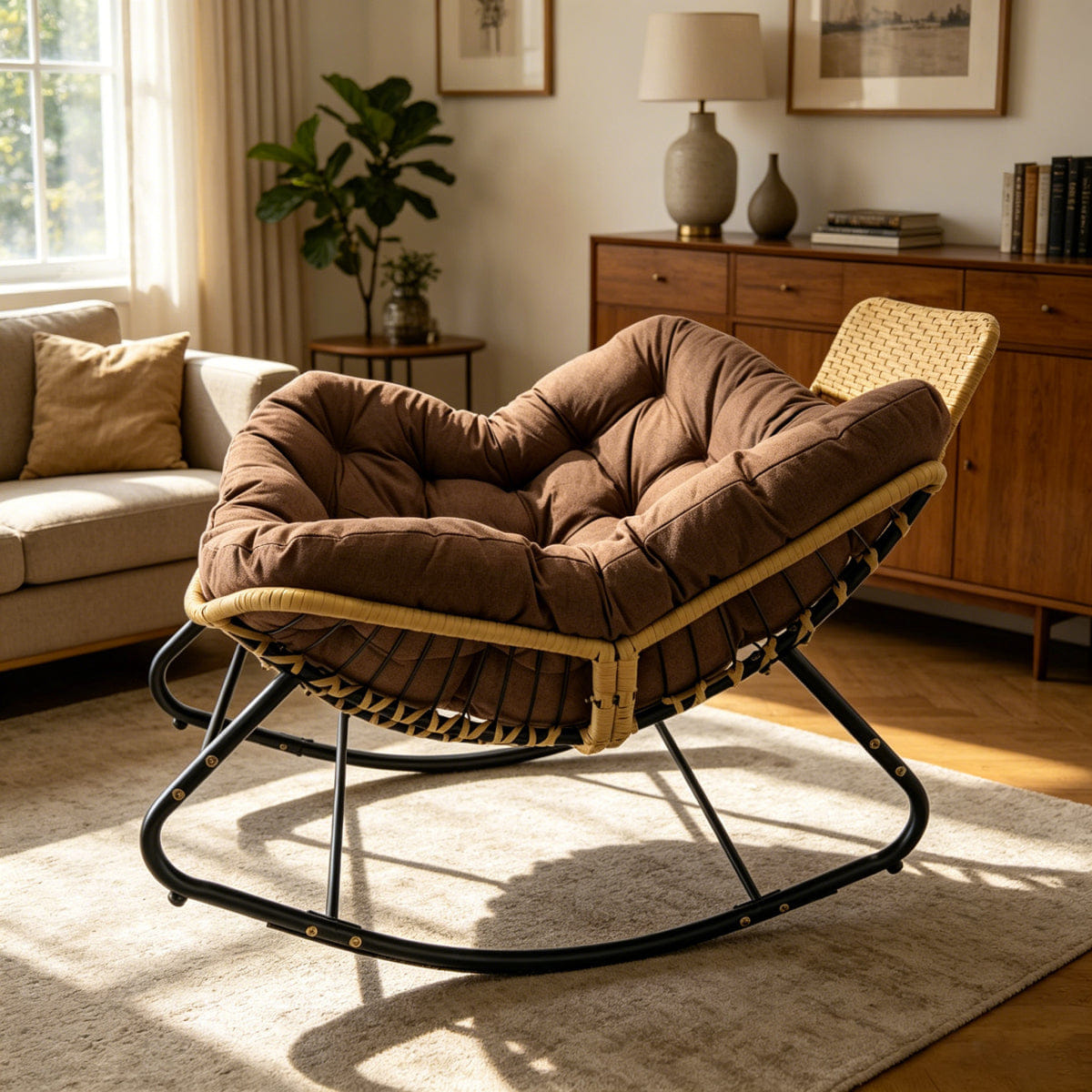 OUTDOOR Streamdale Outdoor Papasan Wicker Rocking Chair with Thick Cushion and Head Pillow
