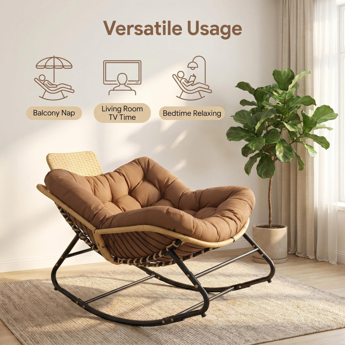 OUTDOOR Streamdale Outdoor Papasan Wicker Rocking Chair with Thick Cushion and Head Pillow