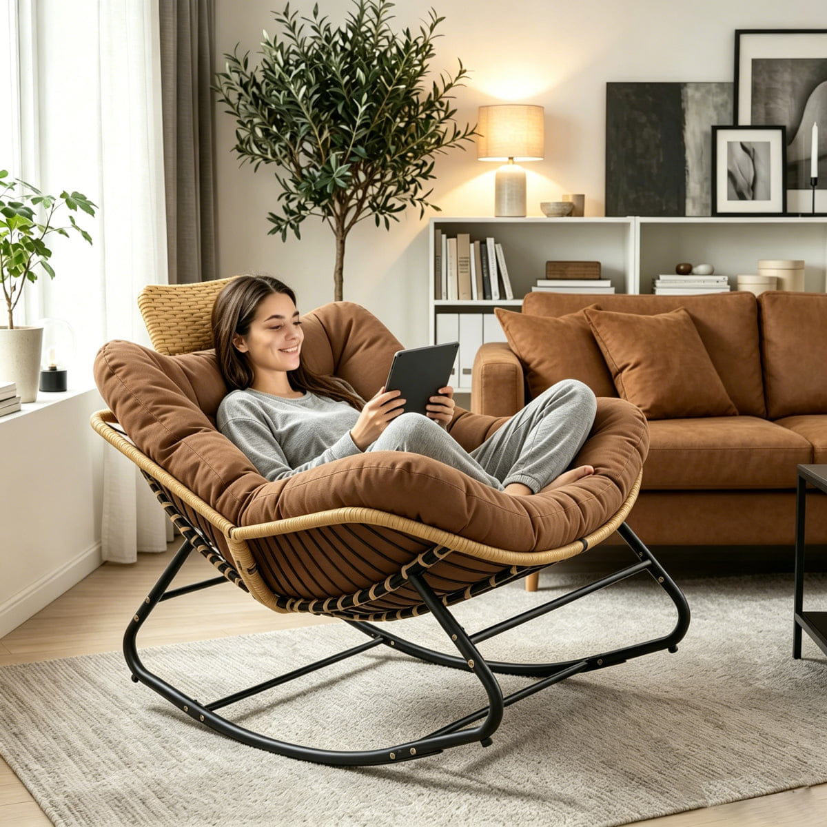 OUTDOOR Streamdale Outdoor Papasan Wicker Rocking Chair with Thick Cushion and Head Pillow