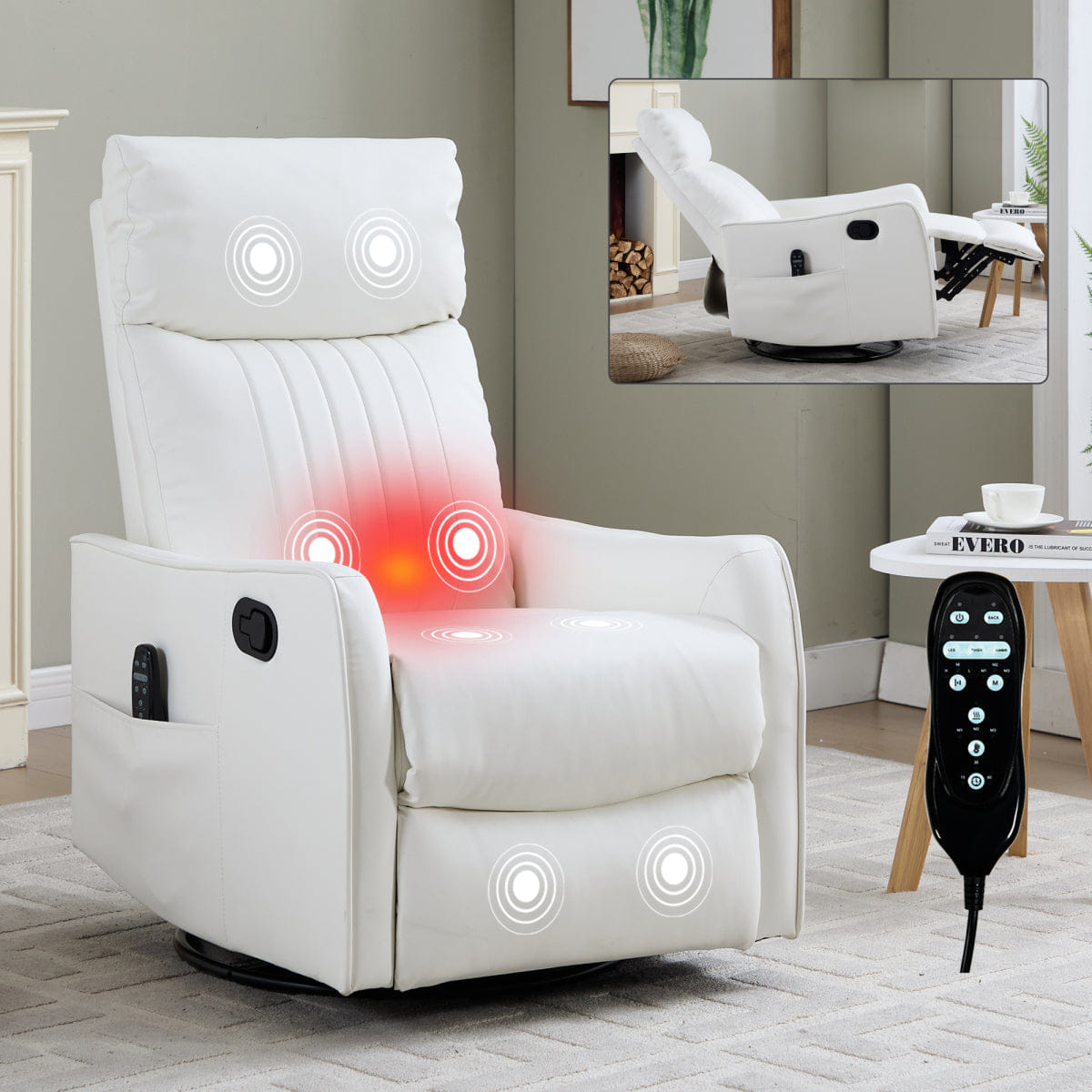 WHITE* Streamdale White Heat Faux Leather Manual Rocker Swivel Recliner Chair