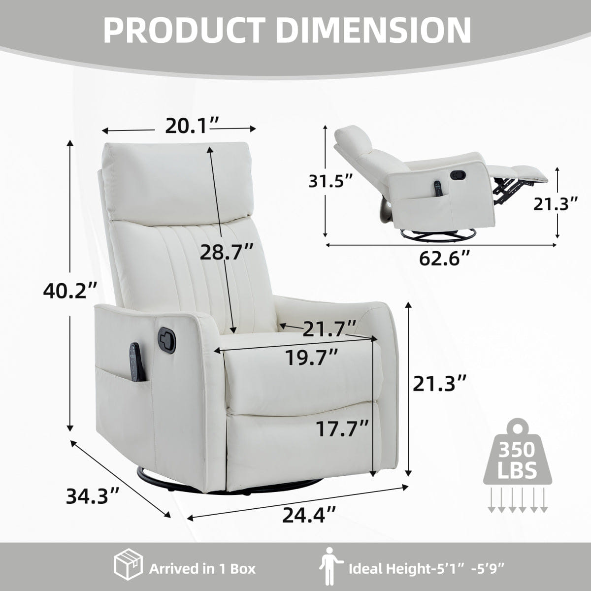 WHITE* Streamdale White Heat Faux Leather Manual Rocker Swivel Recliner Chair
