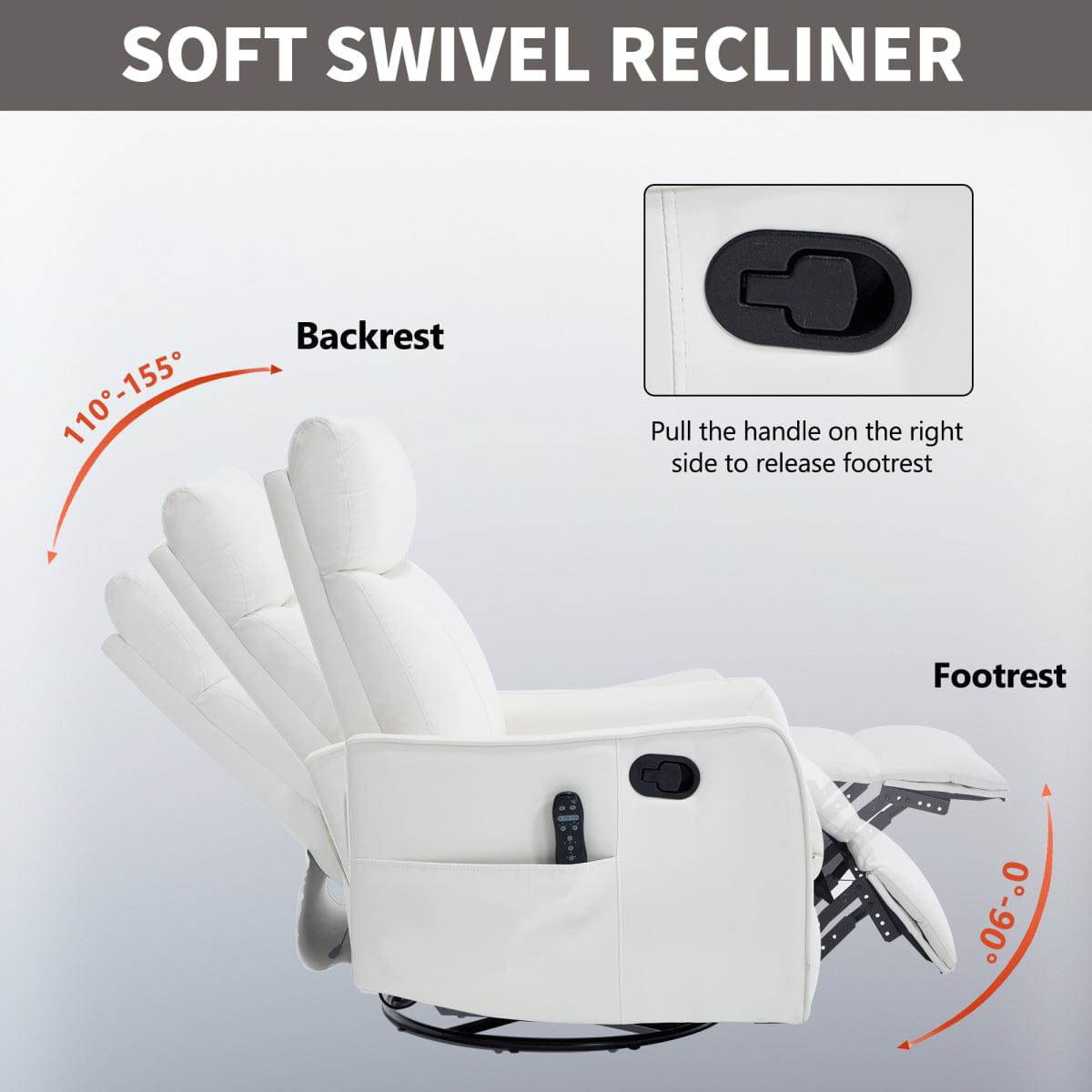 WHITE* Streamdale White Heat Faux Leather Manual Rocker Swivel Recliner Chair