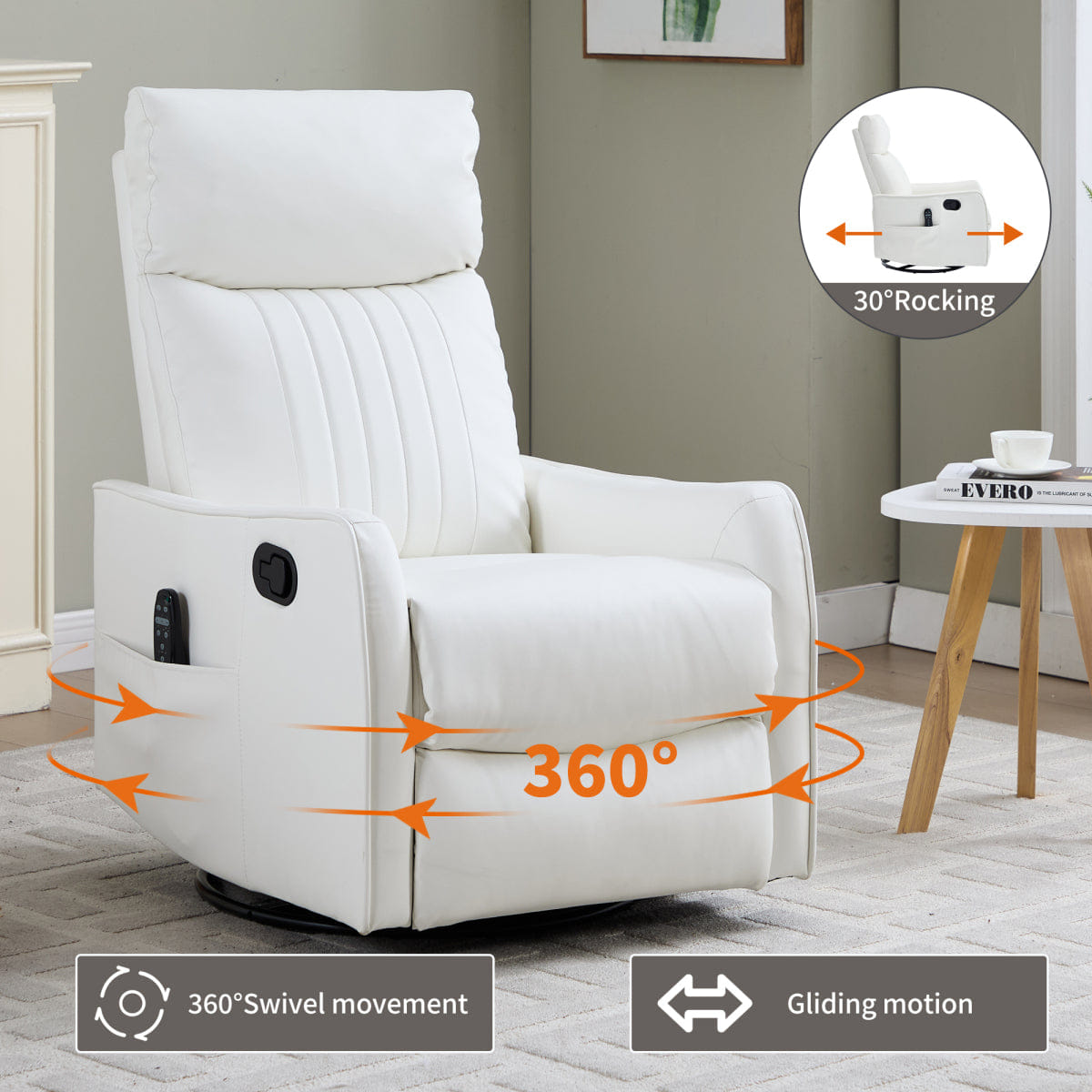 WHITE* Streamdale White Heat Faux Leather Manual Rocker Swivel Recliner Chair